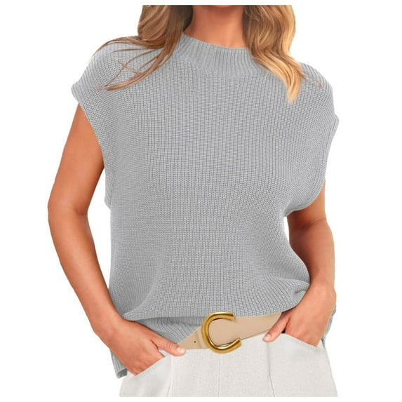 Daznico Womens Neck Sleeveless Sweater Vest 2024 Casual Summer Short Cap Sleeve Knit Ribbed Pullover Tank Tops(Color:Grey,Size:S)