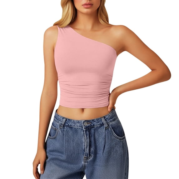 Daznico Womens One-Shoulder Ruched Crop Top Sleeveless Slim Fit Casual Form-Fitting Summer Tank Top,L