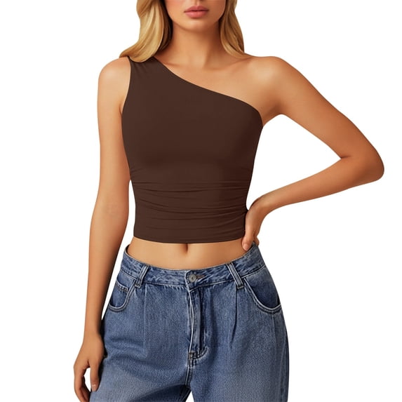 Daznico Womens One-Shoulder Ruched Crop Top Sleeveless Slim Fit Casual Form-Fitting Summer Tank Top,S