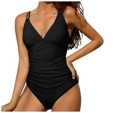 Daznico Womens Plus Size Swimsuit,Swimsuits for Women Ruched Bathing Suits Strappy V Neck Monokini,Retro Swimsuit for Women(Color:Black,Size:M)