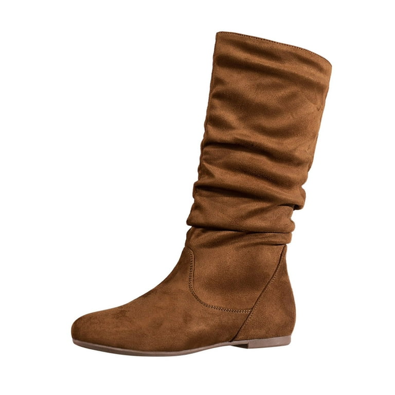 Daznico Womens Solid Color Round Toe Suede Flat Bottom Mid Calf Boots Boots for Women Brown 8.5 Walmart