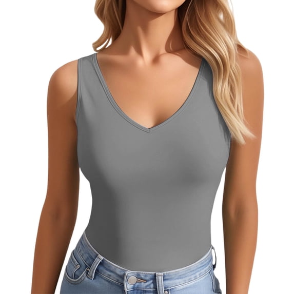 Daznico Womens Solid V-Neck Bodysuit Sleeveless Slim Fit Casual Summer Stretchy Form-Fitting Tank Top,XL