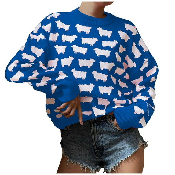 Daznico Womens Sweater,Cozy Print Pullover Sweater Women's Casual Round Neck Winter Knit Top-Blue-L