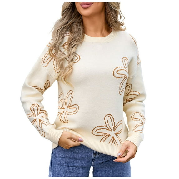 Daznico Womens Sweater,Sweaters for Women Casual Crewneck Long Sleeve Floral Print Knit Pullover Sweater Tops-Khaki-L