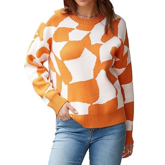 Daznico Womens Sweater,Women Crewneck Pullover Sweater: Fall Winter Long Sleeve Casual Ribbed Knit Side Slit Tops-Orange-M
