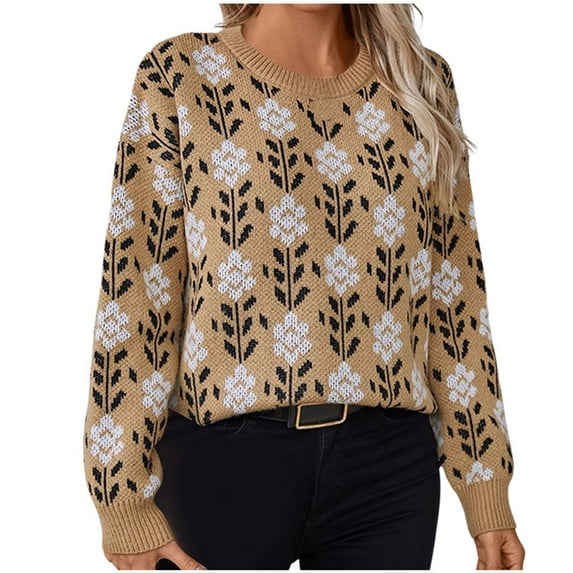 Daznico Womens Sweater,Women's Long Sleeve Crew Neck Sweater Fall Print Cute Oversized Knit Pullover Sweater-Khaki-XL