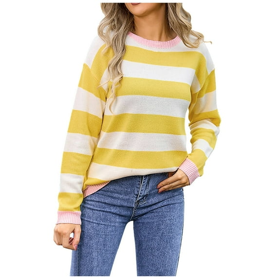 Daznico Womens Sweater,Women's Pullover Flower Long Sleeved Crew Neck Sweater-Yellow-M