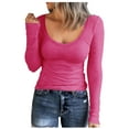 thumbnail image 1 of Daznico Womens Tops - Women Long Sleeve Scoop Neck Ribbed Fitted Knit Shirt Basic T Shirts - Shirts for Women,Color:Hot Pink,Size:M, 1 of 6