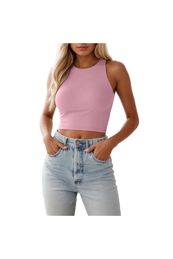 Womens Tops - Women Sleeveless Crewneck Cropped Tank Top Summer Casual Basic Teen Girls Going Out Crop Top - Shirts for Women,Color:Pink,Size:M