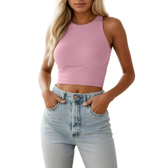 Daznico Womens Tops - Women Sleeveless Crewneck Cropped Tank Top Summer Casual Basic Girls Going Out Crop Top - Shirts for Women,Color:Pink,Size:XL
