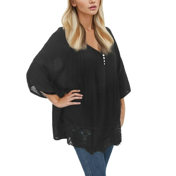 Daznico Womens Tops - Women T Shirt Plus Size Blouse Vintage V Neck 3/4 Sleeve Top Lace Ruffled Blouse - Shirts for Women,Color:Black,Size:XL