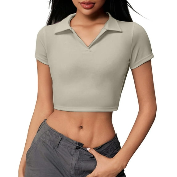 Daznico Womens Tops - Women's Casual Short Sleeve T Shirt Breathable Summer Top for Daily Wear and Sports Activities with Sporty Collar Design - Shirts for Women,Color:Beige,Size:S