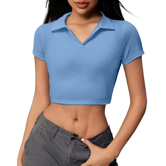 Daznico Womens Tops - Women's Casual Short Sleeve T Shirt Breathable Summer Top for Daily Wear and Sports Activities with Sporty Collar Design - Shirts for Women,Color:Blue,Size:XS