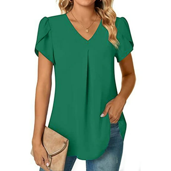 Daznico Womens Tops - Women's Chiffon Shirt V Neck Short Sleeved Tunic Top - Shirts for Women,Color:Green,Size:XL