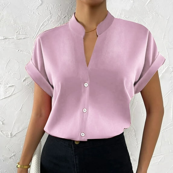 Daznico Womens Tops,Women's Fashion Simple V Neck Solid Button Short Sleeve,Blouse Shirts for Women(Color:Pink,Size:3XL)