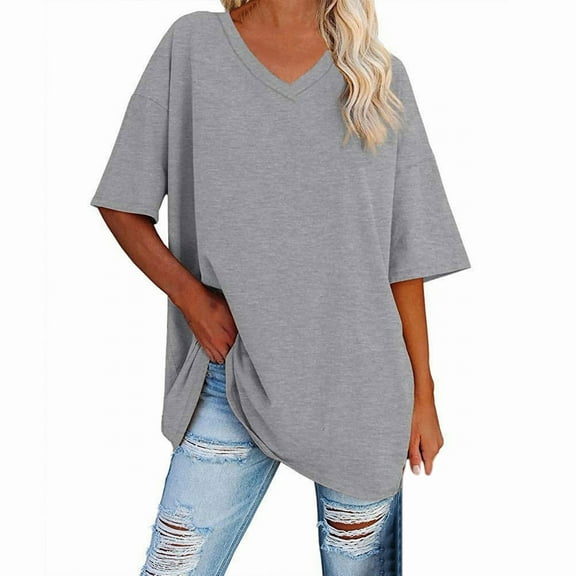 Daznico Womens Tops - Women's Loose Half Sleeve V Neck Cotton Loose Casual Tunic Top for Women - Shirts for Women,Color:GY1,Size:S