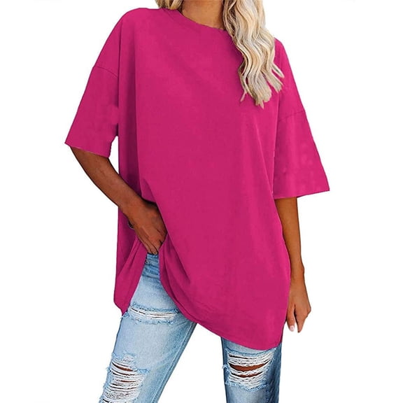 Daznico Womens Tops - Women's Loose T Shirt Loose Crew Neck Short Sleeve Top Casual Blouse Tops - Shirts for Women,Color:Hot Pink,Size:XL