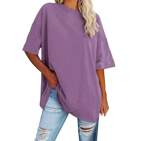 Daznico Womens Tops - Women's Loose T Shirt Loose Crew Neck Short Sleeve Top Casual Blouse Tops - Shirts for Women,Color:Purple,Size:M