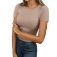 thumbnail image 1 of Daznico Womens Tops - Women's Slim Fit Ribbed Short Sleeve T Shirt Soft Casual Basic Tee for Everyday Wear Stylish Round Neck Top - Shirts for Women,Color:Khaki,Size:XL, 1 of 5