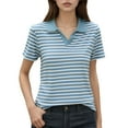 thumbnail image 1 of Daznico Womens Tops - Women's Striped Short Sleeve T Shirt Casual Crew Neck Top for Daily Wear Blouse with Classic Collar - Shirts for Women,Color:Sky Blue,Size:M, 1 of 5