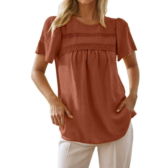 Daznico Womens Tops - Womens Plain Polka Dot Shirt for Ladies A Casual and Elegant Lace Patchwork Pleated Round Neck Top - Shirts for Women,Color:Brown,Size:XL