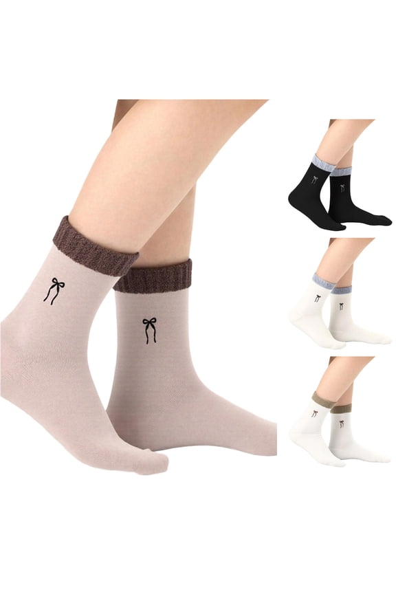Womens Vertical Rib Knit Mid Crew Socks Fuzzy Folded Plush Mini Embroidered Bow Soft Elastic Breathable Comfort Stockings for School Casual Wear
