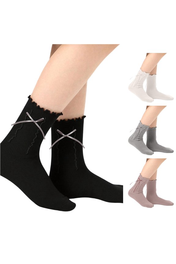 Womens Vertical Rib Knit Mid Crew Socks Scalloped Ruffle Thin Satin Ribbon Bow Soft Elastic Comfort Stockings for School Daily Casual Wear