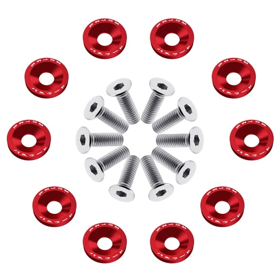 Dazone 10PCS JDM Billet Aluminum Fender Bumper, Washer Bolt Engine Bay Dress Up Kit M6 License Plate Frame Bumper Fender, Universal Performance Racing Upgrade JDM Exterior, Red