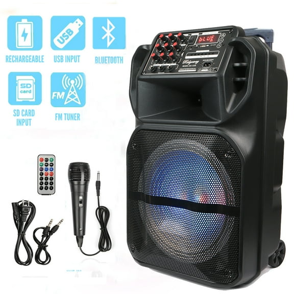 Dazone 12" Portable Bluetooth Party Speaker Heavy Bass Sound System FM AUX w/Microphone & Remote