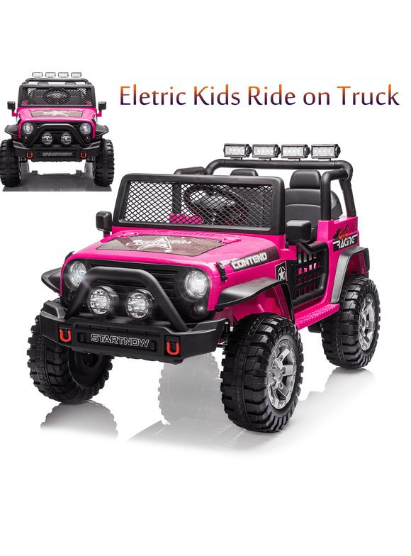 Dazone 12V Kids Ride on Jeep Car, Electric 2 Seats Off-road Jeep Ride on Truck Vehicle with Remote Control, LED Lights, MP3 Music, Pink