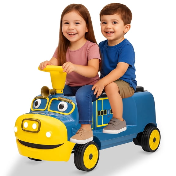 Dazone 12V Ride-On Trackless Train, 2-Seater Electric Toy Vehicle with Under-Seat Storage,  Licensed By  CHUGGINGTONLights & Horn for Kids, Blue