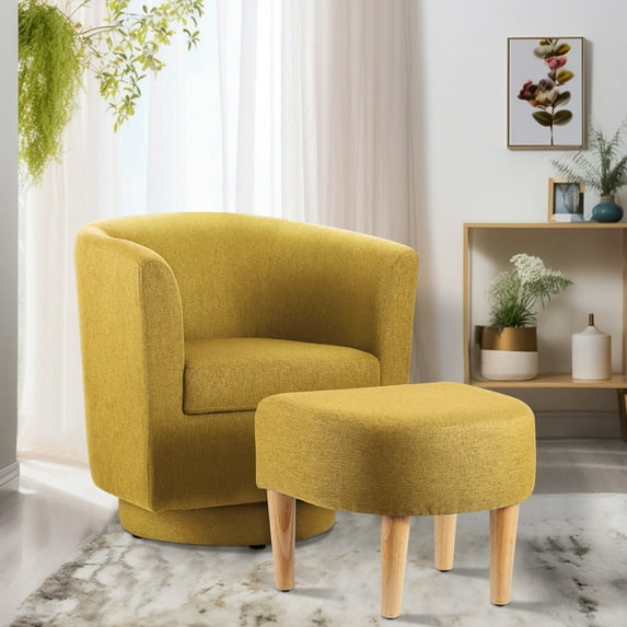Dazone Modern Accent Upholstered Single Sofa Chair with Footstool, Swivel Club Tub Chair & Ottoman Set, Yellow