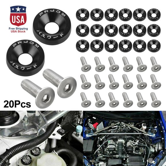 Dazone 20PCS JDM Billet Aluminum Fender Bumper, Washer Bolt Engine Bay Dress Up Kit M6 License Plate Frame Bumper Fender, Universal Performance Racing Upgrade JDM Exterior, Black