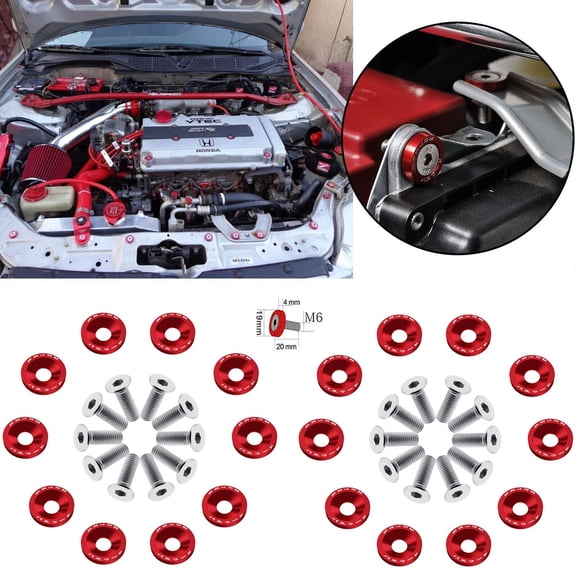 Dazone 20PCS JDM Billet Aluminum Fender Bumper, Washer Bolt Engine Bay Dress Up Kit M6 License Plate Frame Bumper Fender, Universal Performance Racing Upgrade JDM Exterior, Red