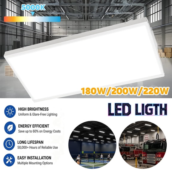 Dazone 2FT LED High Bay Light, Selectable Wattage (180W/200W/220W) ,5000K Commercial Linear Lighting, 33000 Lumen ,50,000+ Hours for Warehouse, Gym, Shop