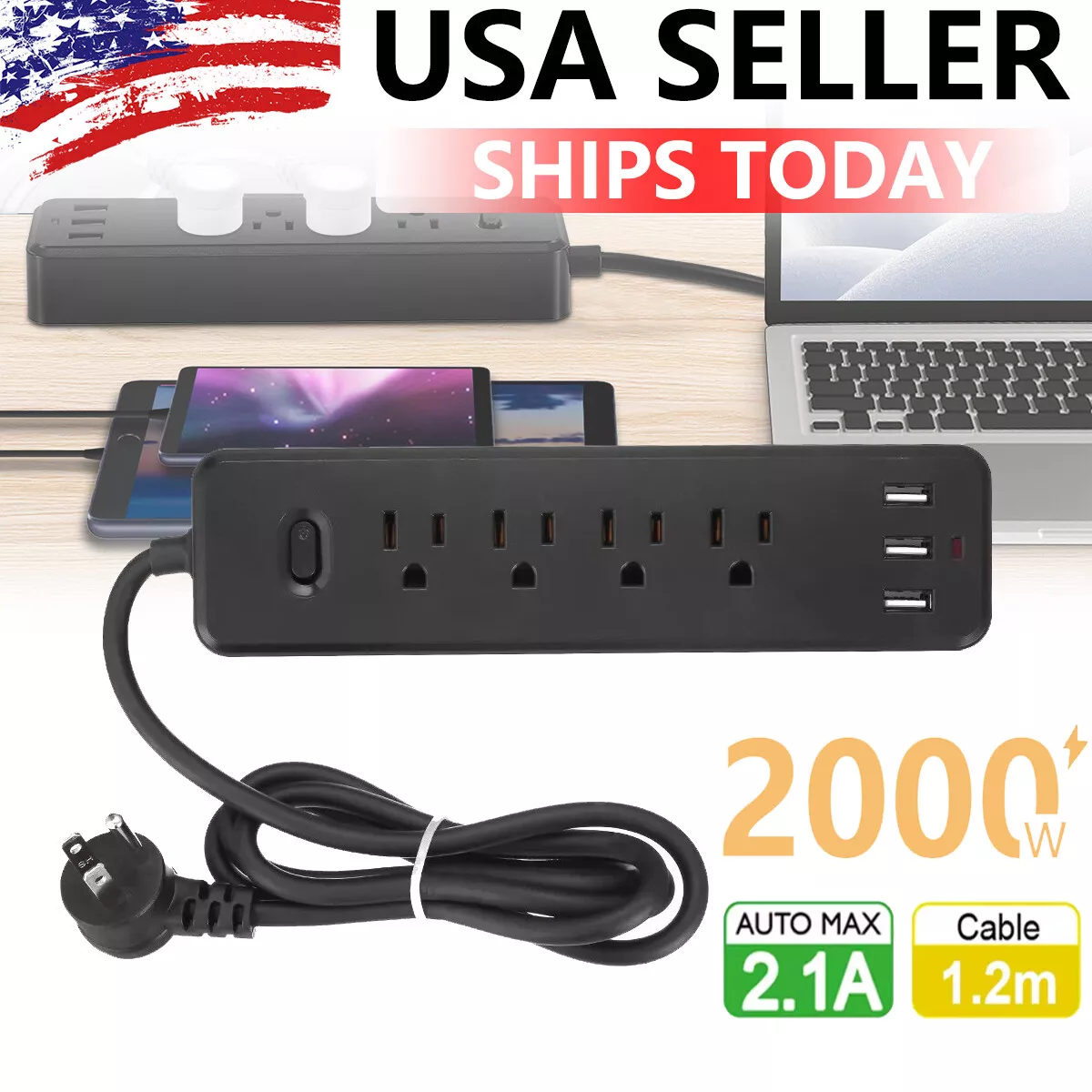 Dazone 3 Grounded Multi Outlet Adaptor Wall Plug Surge Protector with 2 ...