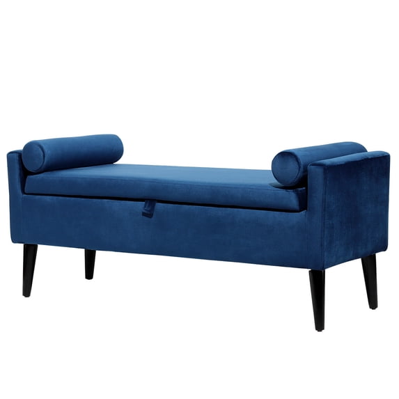 Dazone Armed Indoor Storage Bench With 2 Round Pillows, 47 inches Ottoman with Storage, Velvet Bench Safety Hinge Ottoman Armrest, Large Storage Bench,for Bedroom, Living Room, Porch, Dark Blue