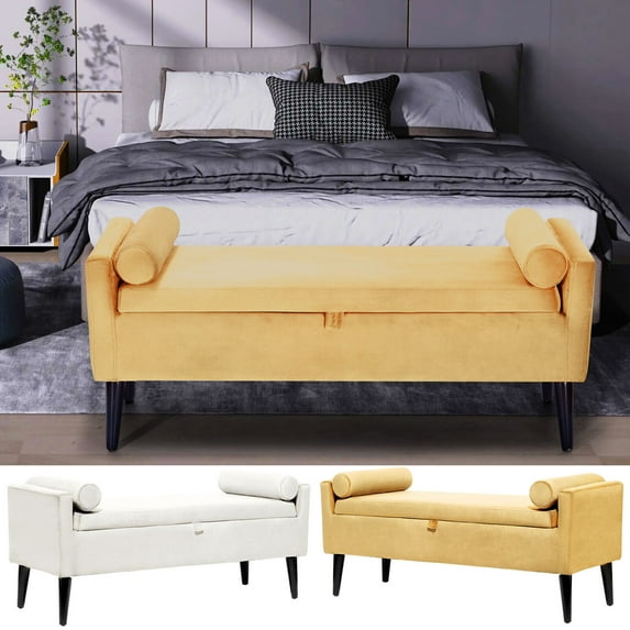 Dazone Armed Indoor Storage Bench With 2 Round Pillows, 47 inches Ottoman with Storage, Velvet Bench Safety Hinge Ottoman Armrest, Large Storage Bench,for Bedroom Living Room Porch Entryway, Yellow