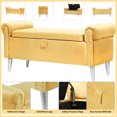 thumbnail image 1 of Dazone Armed Indoor Storage Bench, 47 inches Ottoman with Storage, Velvet Bedroom Bench Safety Hinge Ottoman, Large Storage Ottoman Bench with Button-Tufted,Living Room Porch Entryway, Yellow, 1 of 9