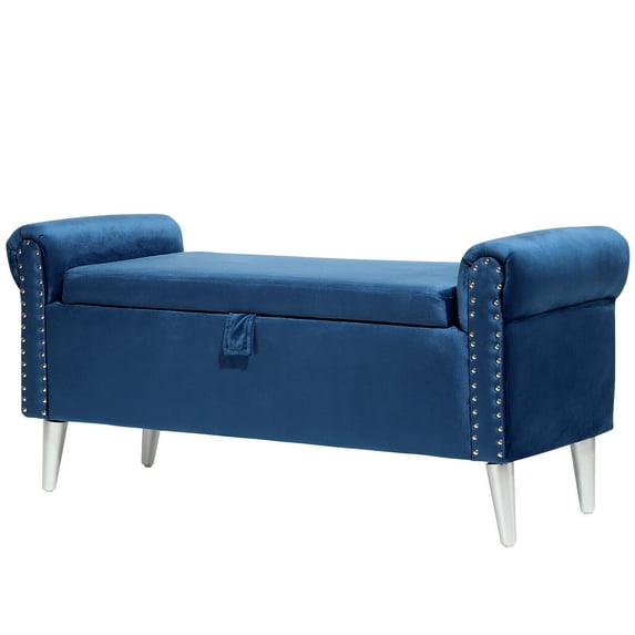 Dazone Armed Indoor Storage Bench, 47 inches Ottoman with Storage, Velvet Bedroom Bench Safety Hinge Ottoman, Large Storage Ottoman Bench with Button-Tufted,for Bedroom, Living Room, Porch, Dark Blue