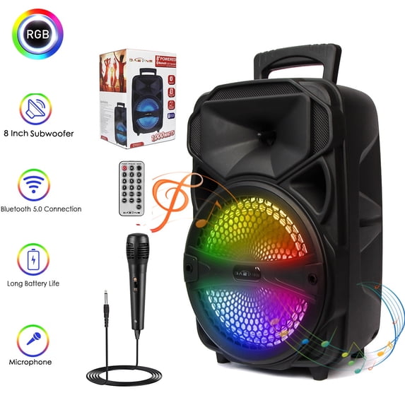 Dazone Bluetooth Speaker, Portable Wireless LED Speaker 8" with FM Radio/USB/SD Slot/Karaoke(with Mic, Remote Control)