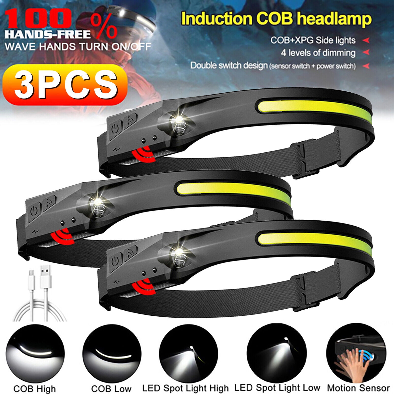 Dazone COB LED Headlamp Headlight, USB Rechargeable Torch Flashlight Work  Light Bar Head Band Lamp, Motion Sensor 230 Wide Beam Headlight Waterproof  Outdoor Camping (3 Pack)