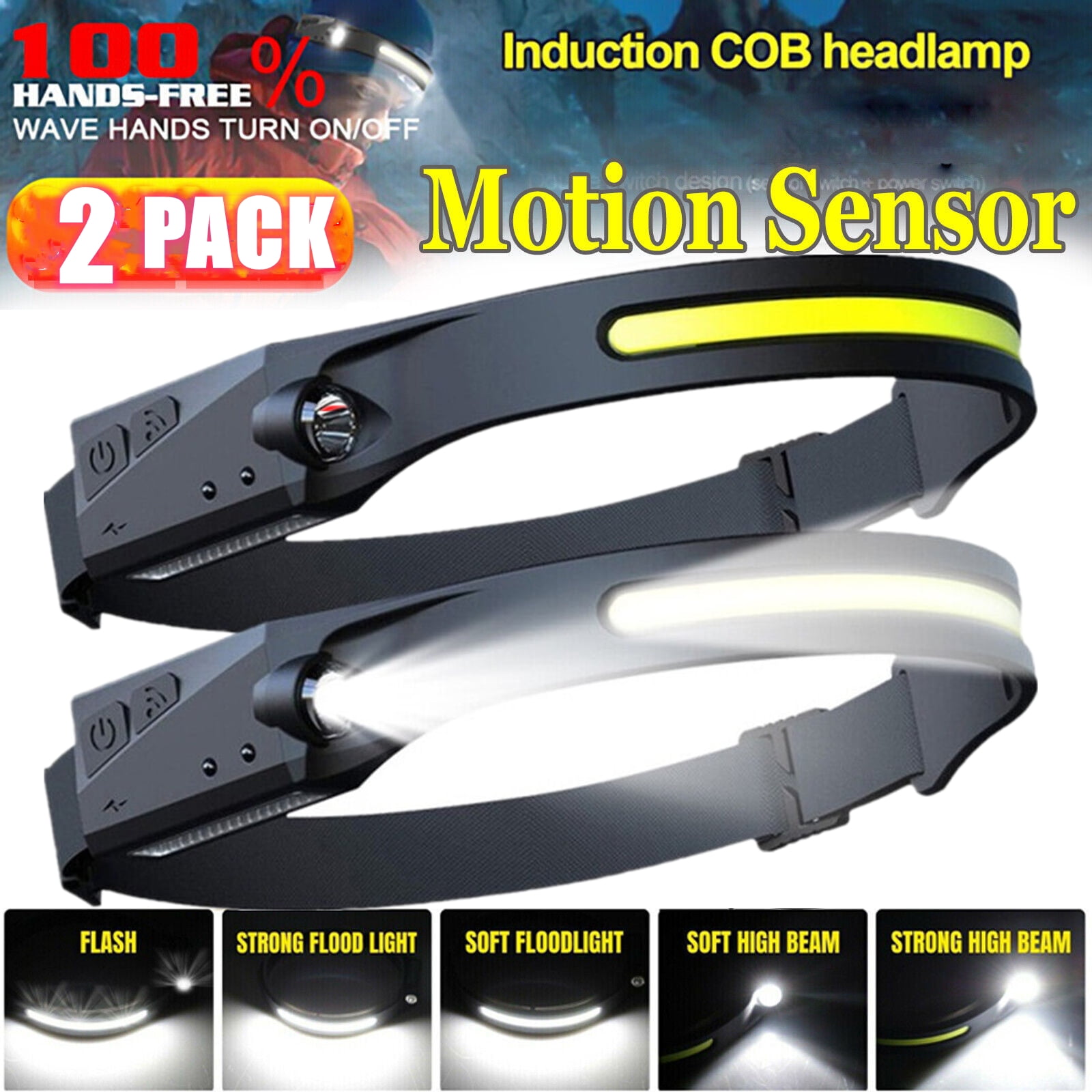 Dazone COB LED Headlamp Headlight, USB Rechargeable Torch Flashlight Work  Light Bar Head Band Lamp, Motion Sensor 230 Wide Beam Headlight Waterproof  Outdoor Camping (2 Pack)