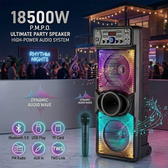 Dazone Dual 10" Bluetooth Speaker High Powered Rechagreable Wireless PA System Subwoofer Tweeter With AUX Microphone Karaoke LED Lights