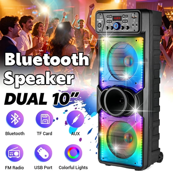 Dazone Dual 10" Bluetooth Speaker High Powered Rechagreable Wireless PA System Subwoofer Tweeter With AUX Microphone Karaoke LED Lights