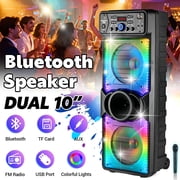 Dazone Dual 10 Bluetooth Speaker High Powered Rechagreable Wireless PA System Subwoofer Tweeter With AUX Microphone Karaoke LED Lights