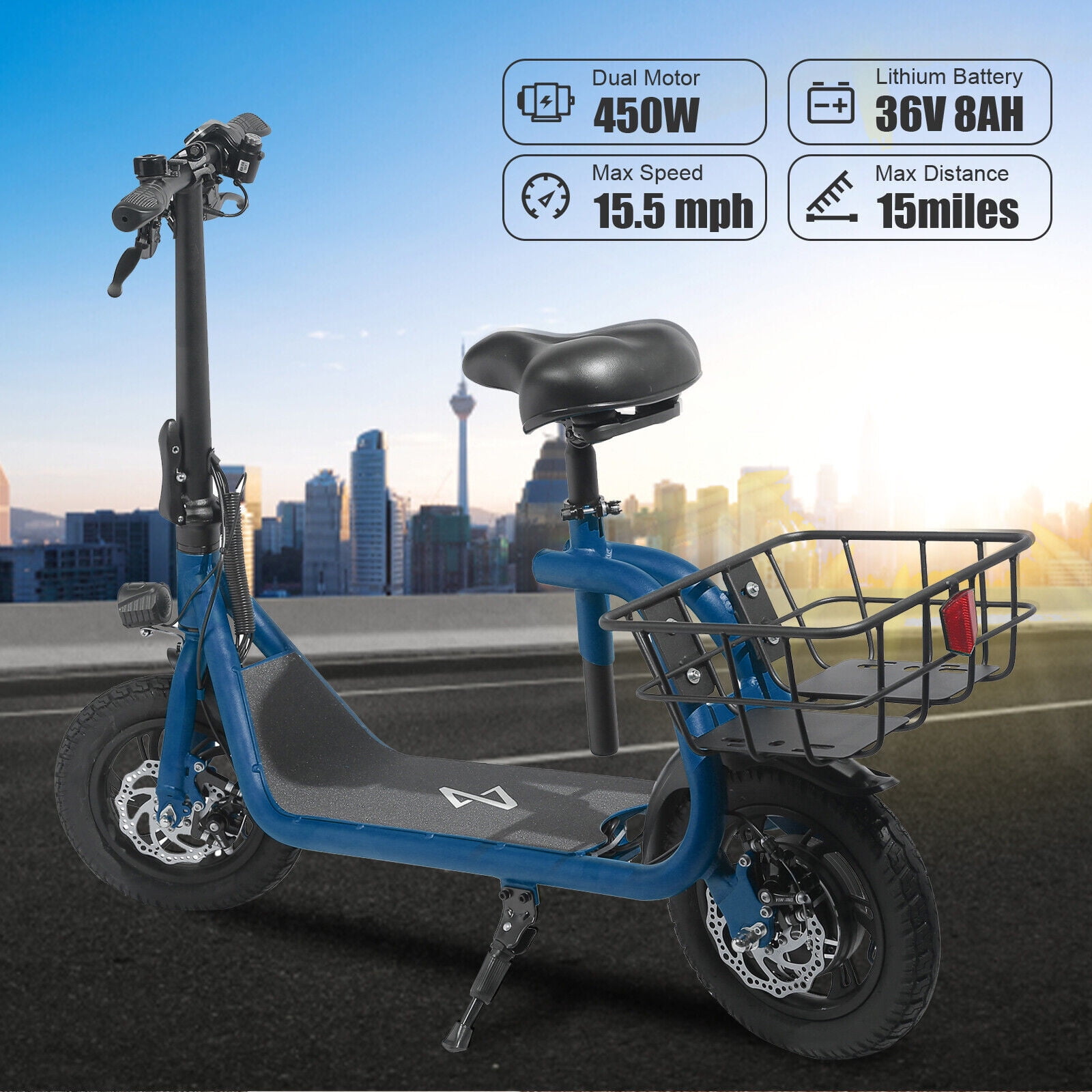 Dazone Electric Scooter Ebike, 450W 36V 12.5 Miles Long-range Battery Foldable Easy Carry Portable Design, Adult Electric Bicycle Scooter Up to 15.5 mph Commuter Scooter, 12 in Tires Off-Road, Blue