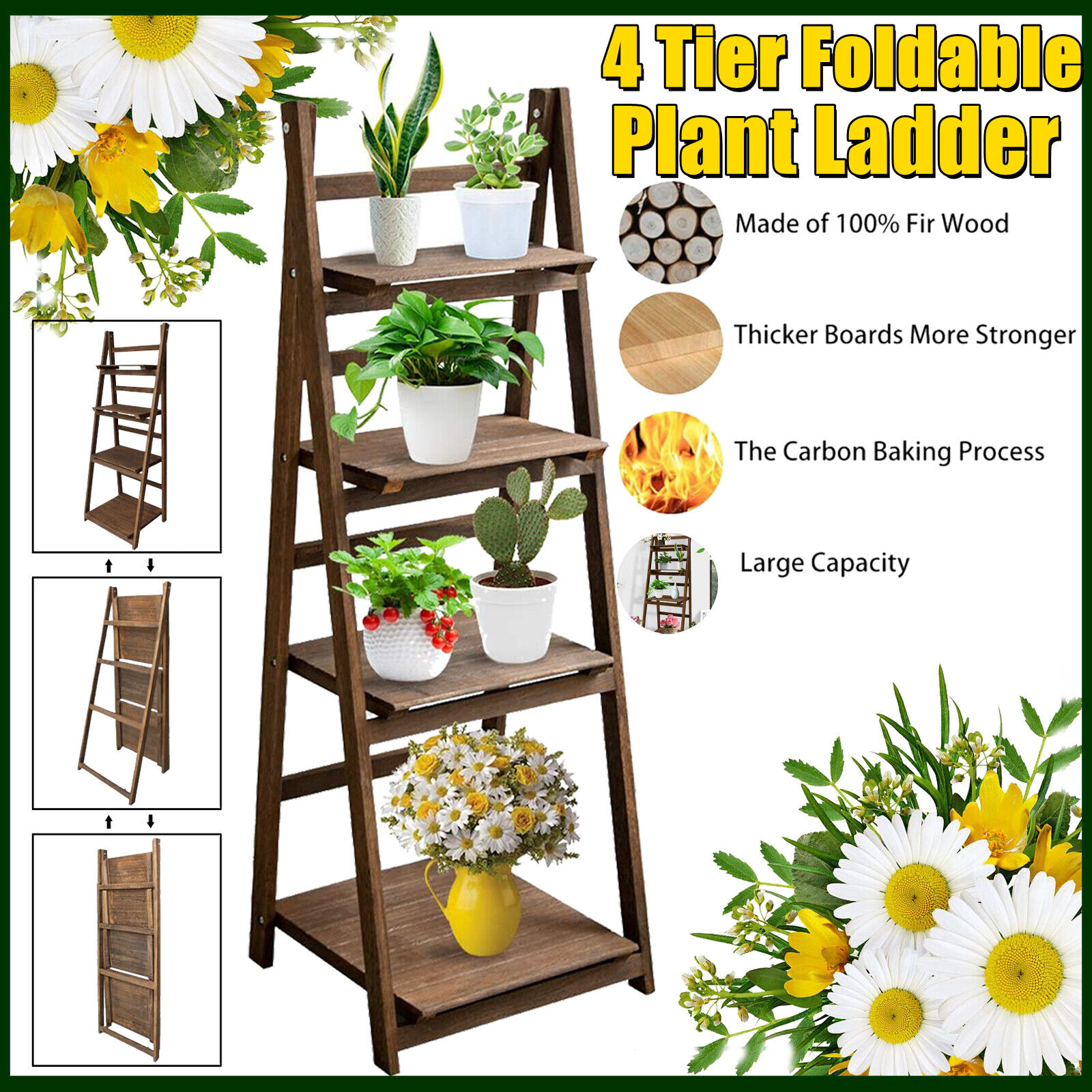 Dazone 4 Tier Wooden Foldable Plant Stand Indoor Outdoor Balcony Rack Rustic Wood Shelves