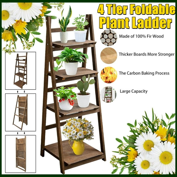 Dazone Foldable Plant Stand Shelf, Indoor Flower Pot Holder Ladder, Folding A Frame Display Patio Rustic Wood Shelves, 4 Tier Stand Outdoor Bookshelf, Free Standing (Brown)