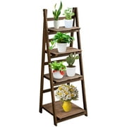 Dazone Foldable Plant Stand Shelf, Indoor Flower Pot Holder Ladder, Folding A Frame Display Patio Rustic Wood Shelves, 4 Tier Stand Outdoor, Free StandingBrown